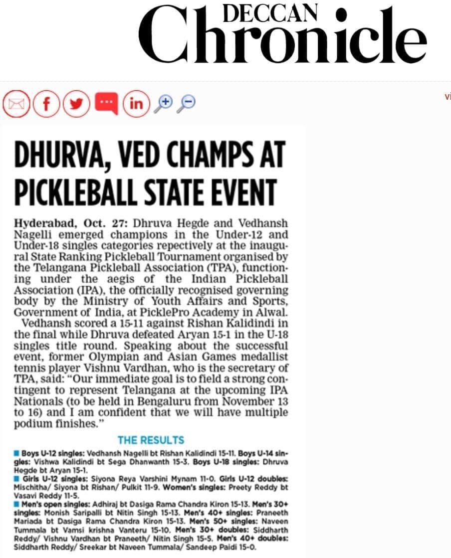 Newspaper clipping about Telangana Pickleball Association.